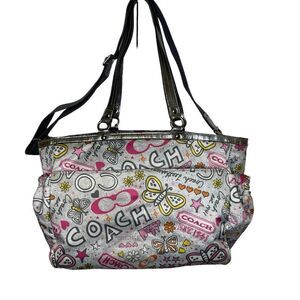 Coach Butterfly Bandana Graffiti Diaper Bag Metallic Silver Pink Yellow